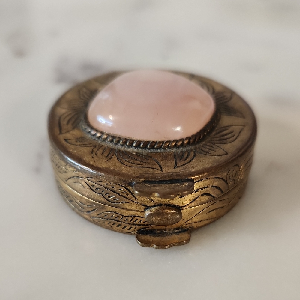 Brass Trinket Box with Cabochon Cut Pink Rose Quartz